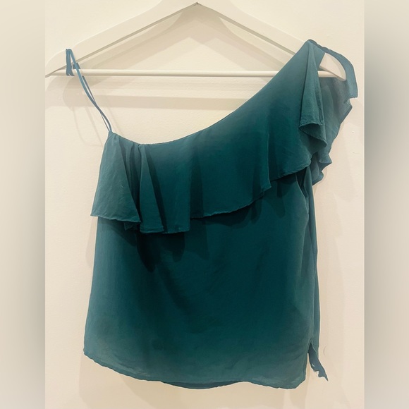 Anthropologie Maeve Green Silk One Shoulder Ruffle Top size 00 - Picture 3 of 9